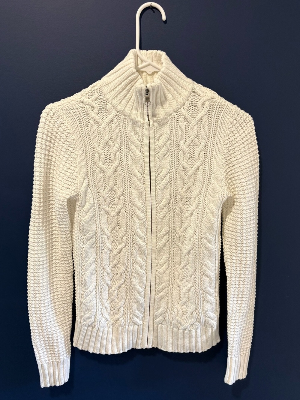 Ralph Lauren Full Zip Cream Cable-Knit Mock Neck Sweater - Size Small